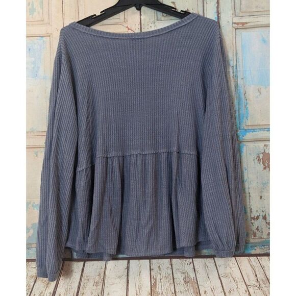 LA Threads Womens Size 2X Dusty Blue Ruffle V Neck Long Sleeve Peplum Blouse Top - Picture 3 of 9